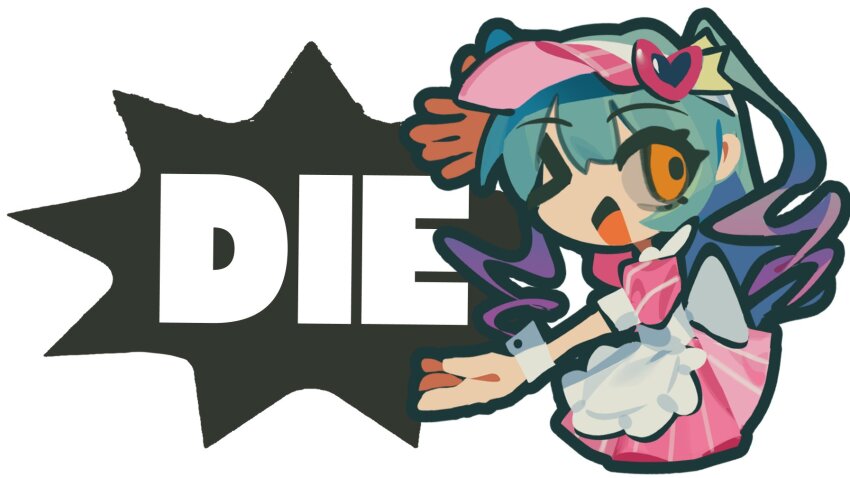 &gt;_o 1girl :d apron blue_hair chibi dress drill_hair ghost_(tama) gradient_hair hair_ornament heart heart_hair_ornament highres lobotomy_corporation long_hair maid_apron multicolored_hair no_nose one_eye_closed open_mouth pink_dress pinstripe_dress pinstripe_pattern project_moon purple_hair queen_of_hatred smile solo upper_body visor_cap waitress white_background white_wrist_cuffs wrist_cuffs yellow_eyes