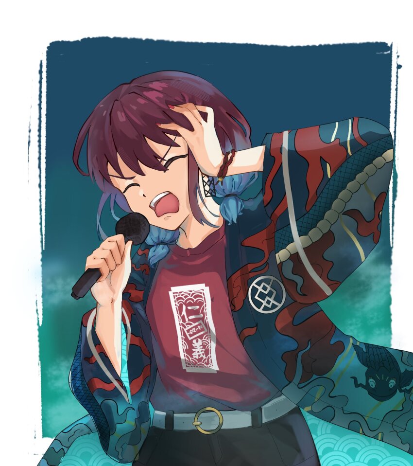 1girl blue_hair closed_eyes commentary_request earrings girls_band_cry gradient_hair hand_on_own_head happi highres holding holding_microphone iseri_nina japanese_clothes jewelry kuuhaku_to_catharsis microphone multicolored_hair music open_mouth red_hair red_nails red_shirt sagittarius_(cruxhkg) shirt short_twintails singing solo twintails upper_body