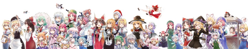 &gt;_&lt; 1boy 6+girls ? ^^^ absurdres aika_(cookie) alice_margatroid animal_ears ascot azusa_(cookie) basket bat_wings benikurage_(cookie) bird black_hair blonde_hair blood blue_eyes blue_hair blush bow braid brown_hair camera capelet chicken cirno closed_eyes computer cookie_(touhou) crescent cup daiyousei detached_sleeves eska_(cookie) everyone facial_mark fang flandre_scarlet food frog frown fruit genpatsu_(cookie) glasses green_eyes green_hair hair_ornament hair_ribbon hair_tubes hakurei_reimu hat hat_bow heart highres hisui_(cookie) hong_meiling horn_ornament horn_ribbon horns ibuki_suika inaba_tewi inubashiri_momiji izayoi_sakuya kanna_(cookie) kazami_yuuka kirisame_marisa knife koakuma kochiko_(cookie) kochiya_sanae konpaku_youmu konpaku_youmu_(ghost) long_hair long_image long_sleeves mars_(cookie) marutoman_chuui medicine_melancholy microphone mochi morichika_rinnosuke msta_(cookie) multiple_girls multiple_persona mystia_lorelei nadeko_(cookie) nosebleed one_eye_closed oni onozuka_komachi open_mouth orange_(fruit) orange_eyes orange_hair outstretched_arms paseri_(cookie) patchouli_knowledge pink_hair purple_eyes purple_hair rabbit_ears red_eyes red_hair rei_(cookie) reisen_udongein_inaba reiuji_utsuho remilia_scarlet reu_(cookie) revision ribbon rumia saigyouji_yuyuko saliva sananana_(cookie) santa_hat scarf scythe shameimaru_aya short_hair silver_hair simple_background skirt smile sponge_(cookie) squid sweat sweatdrop sword taisa_(cookie) tears tissue tissue_box tokin_hat touhou triangular_headpiece umbrella uzuki_(cookie) wagashi weapon white_background wide_image wings witch_hat yagokoro_eirin yakumo_yukari yamin_(cookie) yellow_eyes yin_yang yunomi yuzuyu_(cookie)