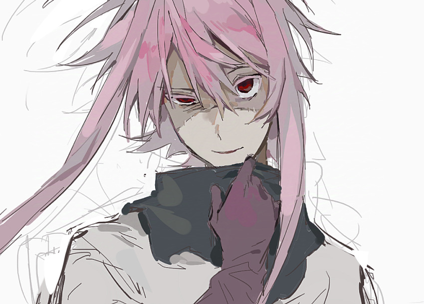1boy colored_eyelashes commentary_request gloves hair_between_eyes lei_renqun_xing_shanyao_shi looking_at_watch male_focus nijou_ryuu parted_lips patchwork_skin pink_hair portrait purple_gloves red_eyes saibou_shinkyoku shirt short_hair_with_long_locks sketch smile solo uneven_eyes white_background white_shirt
