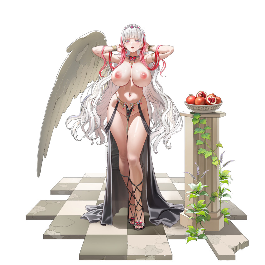 1girl absurdres angel_statue angel_wings armpits arms_behind_head belt bracelet breasts breasts_apart bright_pupils butterfly_necklace checkered_floor circlet colored_eyelashes column cross-laced_sandals earrings eternity_(last_origin) food fruit fruit_bowl full_body gem gold_armlet gold_bracelet gradient_eyes highres huge_breasts ivy jewelry last_origin linea_alba lips long_hair looking_at_viewer multicolored_eyes multicolored_hair nail_polish navel navel_piercing necklace nipples non-web_source o-ring o-ring_footwear official_alternate_costume official_art parted_lips pelvic_curtain piercing pillar pomegranate purple_eyes purple_gemstone red_gemstone red_hair red_nails simple_background single_wing solo standing stone_floor streaked_hair tachi-e taesi teeth toenail_polish toenails topless_female transparent_background two-tone_hair upper_teeth_only white_eyelashes white_hair white_pupils wings