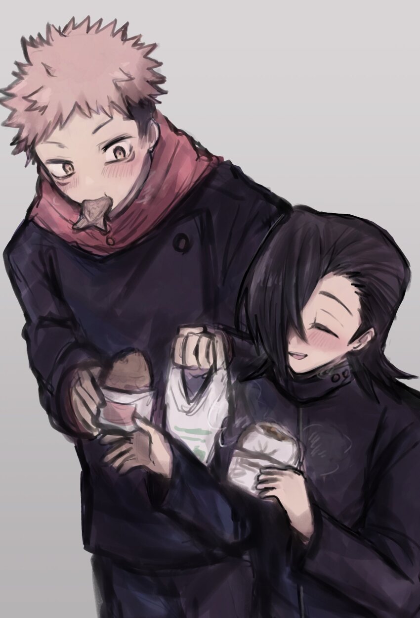 2boys black_hair black_jacket blush closed_eyes eating food hair_over_one_eye highres holding holding_food hood hoodie itadori_yuuji jacket jujutsu_kaisen jujutsu_tech_uniform light_smile male_focus multiple_boys pink_hair red_hoodie scar steamed_bun taiyaki undercut wagashi y725natsu yellow_eyes yoshino_junpei
