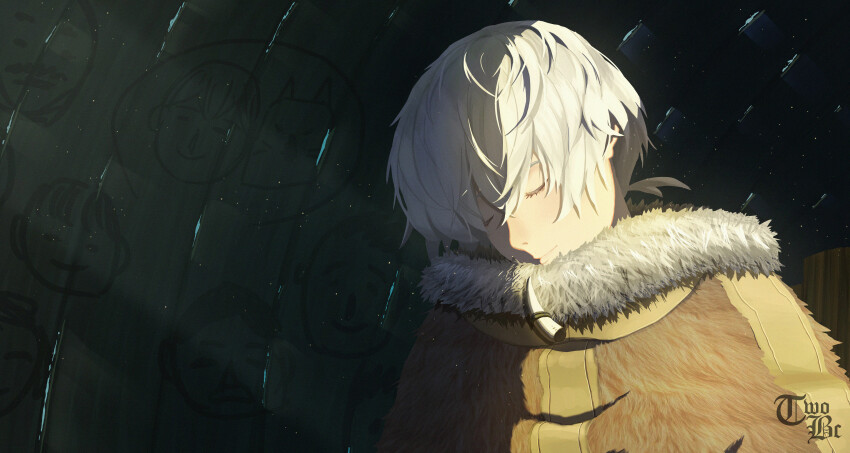1boy absurdres artist_name closed_eyes closed_mouth clothing_request commentary_request fumetsu_no_anata_e fur_trim fushi hair_between_eyes highres long_bangs night night_sky short_hair sky sleeping solo the_nameless_boy_(fumetsu_no_anata_e) twobc white_hair