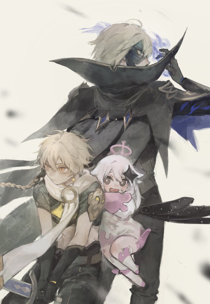 1girl 2boys absurdres aether_(genshin_impact) back-to-back black_cape black_gloves black_pants blonde_hair blue_eyes blurry blurry_foreground braid cape dainsleif_(genshin_impact) floating_clothes floating_hair genshin_impact gloves half_mask halo hand_up highres holding holding_shield kaimochi0839 long_hair magic mask midriff multiple_boys paimon_(genshin_impact) pants scarf shield short_hair single_braid white_background white_hair white_scarf yellow_eyes
