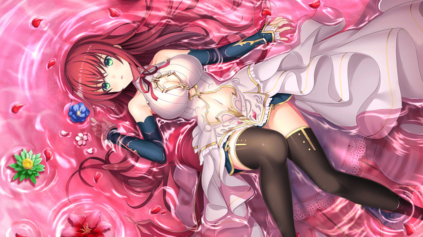 1girl afloat akai_asaka bare_shoulders bathtub blue_flower blue_rose breasts caustics cherry_blossoms cleavage cleavage_cutout clothing_cutout deep_one_kyomu_to_mugen_no_fragment detached_sleeves dress falling_petals flower green_eyes in_water large_breasts lily_pad long_hair looking_at_viewer lotus lying multiple_girls natsuhiko navel navel_cutout non-web_source on_back open_mouth partially_submerged petals petals_on_liquid pool red_hair reflection reflective_water ripples rose rose_petals shallow_water sitting skirt soaking_feet solo standing standing_on_liquid thighhighs wading water wet wet_clothes