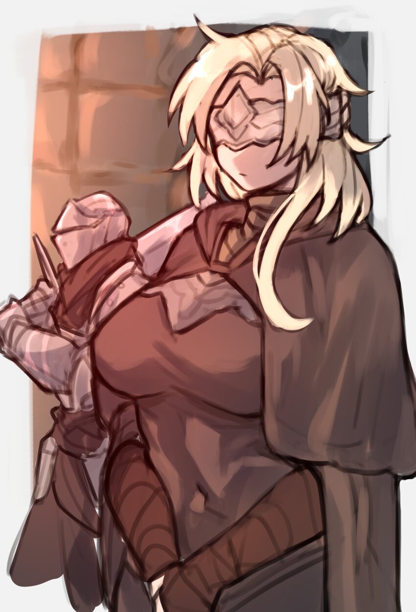 1boy 1girl arm_wrap armor ashen_one_(dark_souls) blindfold blonde_hair breasts brick_wall brown_capelet brown_dress capelet covered_navel dark_souls_(series) dark_souls_iii dress fire_keeper full_armor helmet highres holding holding_sword holding_weapon knight large_breasts long_hair shigezie sword upper_body weapon