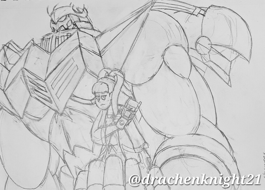 amano_nene_(digimon_xros_wars) darkknightmon digimon digimon_xros_wars hair_ornament hairclip highres long_hair lordknightmon monochrome ponytail sketch split_ponytail