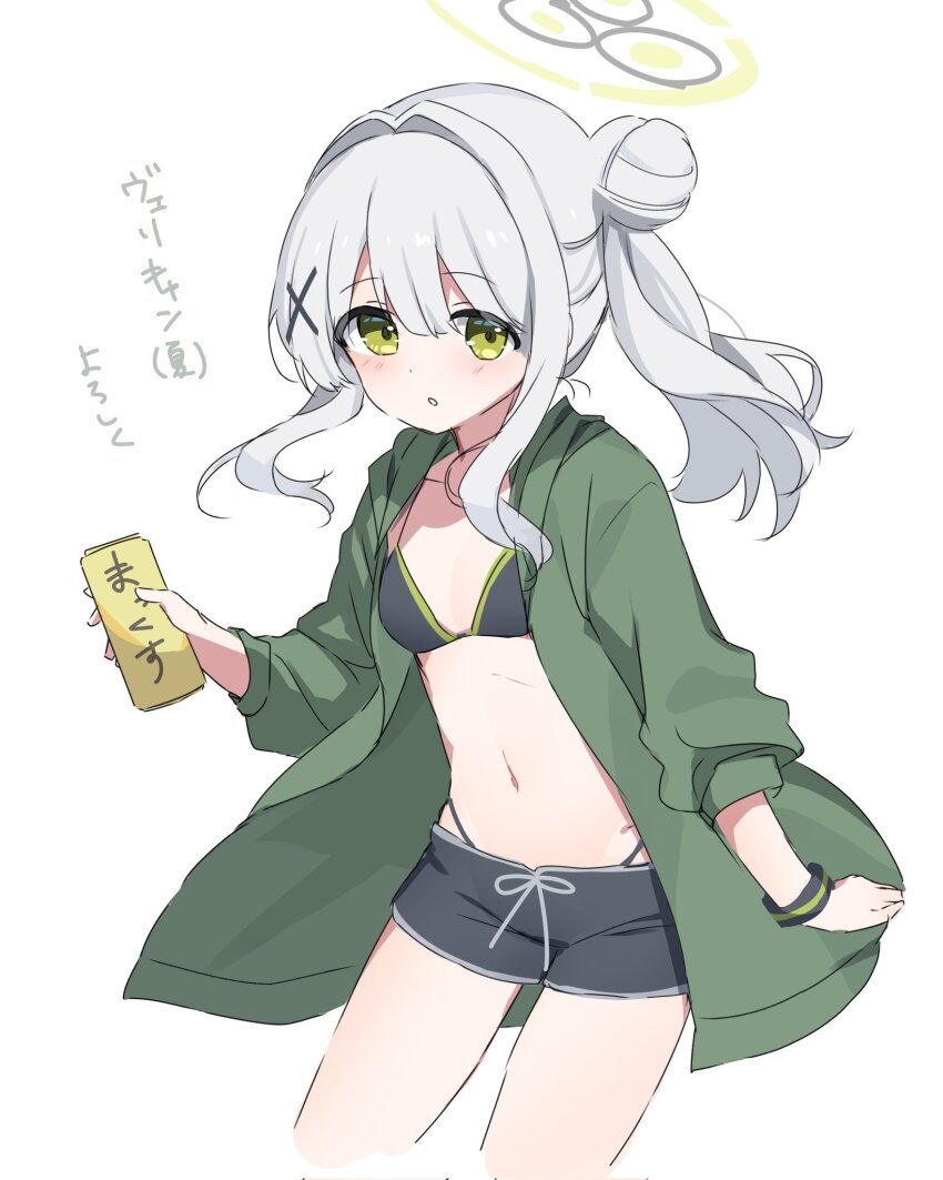 1girl alternate_costume alternate_hairstyle bikini bikini_under_shorts black_bikini black_halo black_shorts blue_archive breasts can collarbone commentary_request cowboy_shot cropped_legs double-parted_bangs green_halo green_jacket grey_hair hair_between_eyes hair_bun hair_intakes halo hare_(blue_archive) highres holding holding_can jacket loli mochigome_(ununquadium) navel open_clothes open_jacket short_shorts shorts sidelocks simple_background small_breasts solo stomach string_bikini swimsuit translation_request twintails white_background