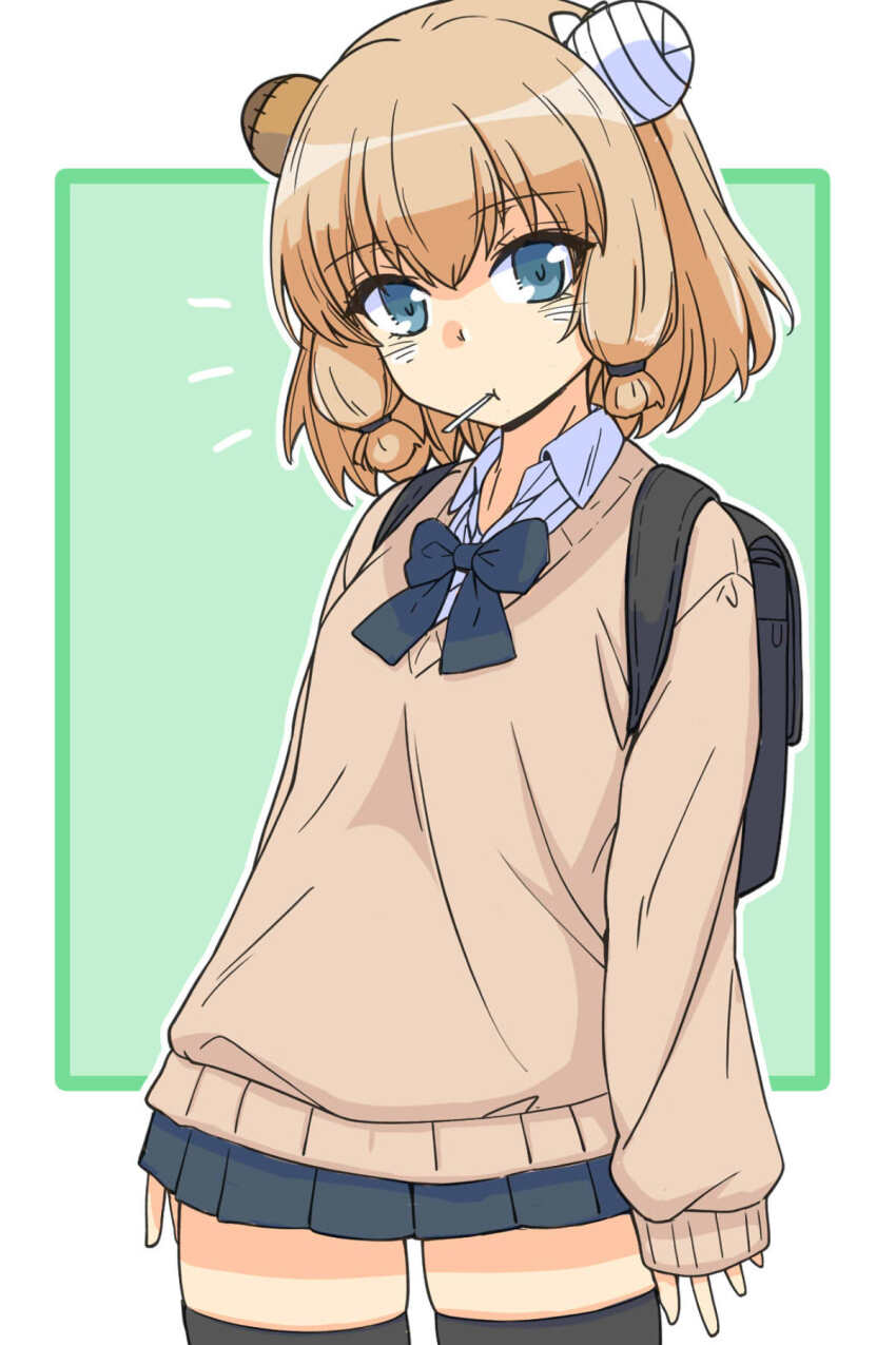 1girl alternate_costume animal_ears backpack bag bandages bear_ears black_bag black_bow black_bowtie black_skirt black_thighhighs blonde_hair blue_eyes boko_(girls_und_panzer) boko_(girls_und_panzer)_(cosplay) bow bowtie brown_sweater collared_shirt commentary_request cosplay fake_animal_ears girls_und_panzer gyaru hair_tie highres katyusha_(girls_und_panzer) lollipop_in_mouth long_sleeves looking_at_viewer miniskirt notice_lines official_alternate_costume official_alternate_hairstyle oversized_clothes pleated_skirt renshiu shirt short_hair skirt sweater thighhighs white_shirt