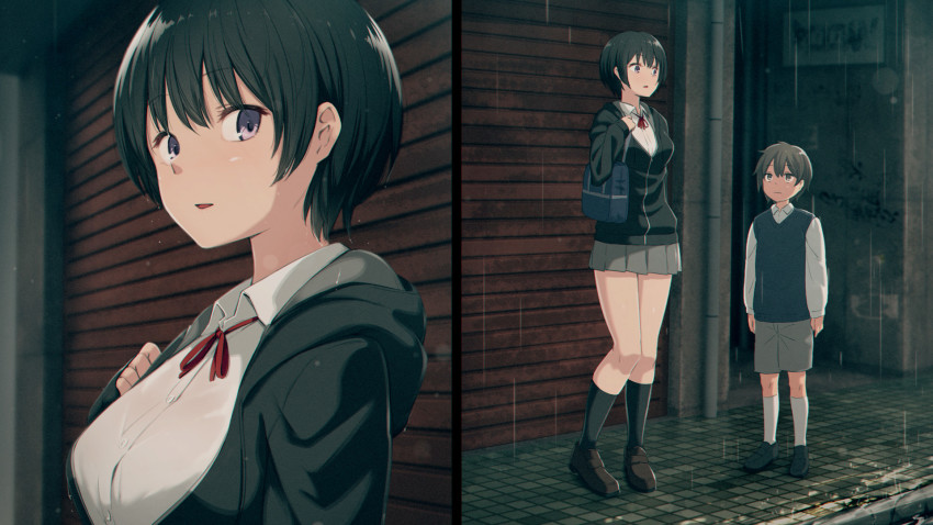 1boy 1girl age_difference bag black_footwear black_hair black_jacket black_legwear bob_cut brown_footwear brown_hair child close-up collared_shirt commentary_request dress_shirt full_body garage grey_shorts hair_between_eyes highres jacket kemuri_haku loafers long_sleeves looking_at_another looking_at_viewer looking_up multiple_views neck_ribbon onee-shota open_mouth original outdoors overhead_door purple_eyes rain red_ribbon ribbon school_uniform shirt shoes short_hair shorts shoulder_bag sidewalk socks sweater_vest white_legwear white_shirt