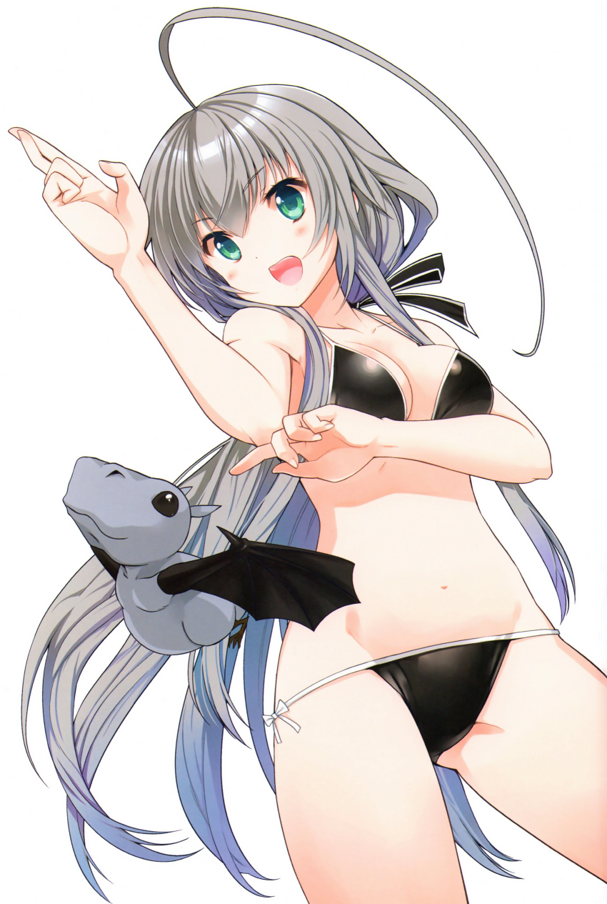1girl absurdres bikini black_bikini blush breasts cleavage collarbone dutch_angle female_focus green_eyes grey_hair groin hair_between_eyes haiyore!_nyaruko-san highres koin_(foxmark) long_hair navel nyarlathotep_(nyaruko-san) open_mouth scan shantak_(nyaruko-san) side-tie_bikini_bottom sidelocks simple_background solo swimsuit very_long_hair white_background wings