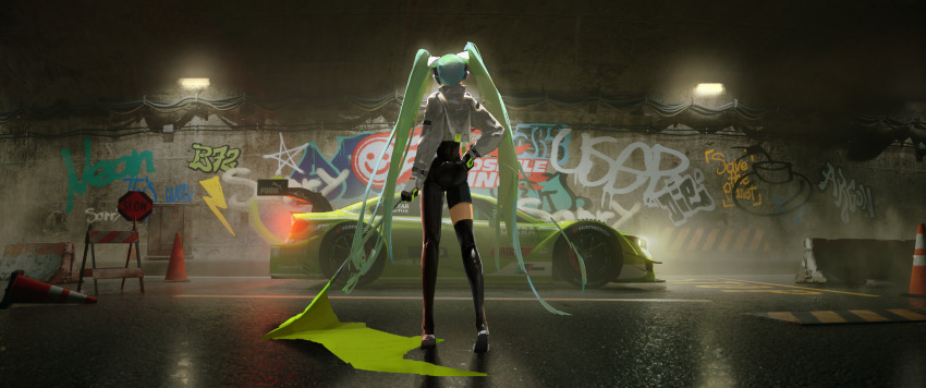 1girl absurdres aqua_hair asymmetrical_bodysuit black_bodysuit black_boots black_gloves black_thighhighs bodysuit boots car commentary_request cropped_jacket facing_away flag flagpole from_behind full_body gloves graffiti green_car green_gloves hatsune_miku highres holding holding_pole jacket long_hair long_sleeves motor_vehicle original pole race_queen race_vehicle racecar racing_miku racing_miku_(2022) recon_(54995499) road scenery single_thigh_boot solo thigh_boots thighhighs traffic_cone tunnel twintails two-tone_gloves very_long_hair vocaloid white_jacket