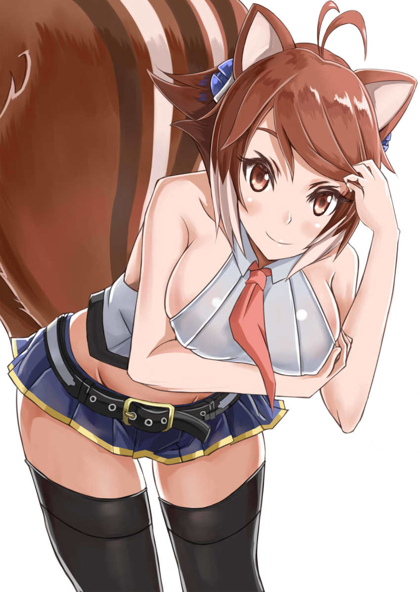 1girl airi_rei animal_ears antenna_hair bad_id bad_pixiv_id bare_shoulders black_thighhighs blazblue blue_skirt breast_hold breasts brown_eyes brown_hair cosplay cowboy_shot female_focus hair_ornament highres large_breasts leaning_forward makoto_nanaya midriff miniskirt multicolored_hair necktie noel_vermillion noel_vermillion_(cosplay) sideboob simple_background skirt sleeveless smile solo squirrel_ears squirrel_tail tail thighhighs two-tone_hair