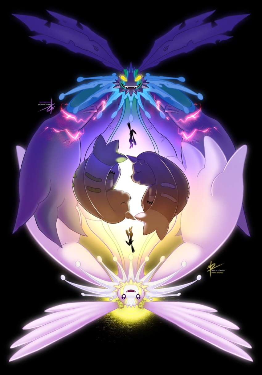 andiramon andiramon_(deva) angel cherubimon cherubimon_(vice) cherubimon_(virtue) digimon digimon_(creature) fallen_angel highres holy_ring horns looking_to_the_side lopmon terriermon yellow_eyes