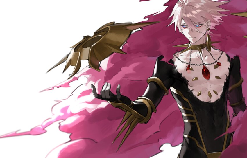 1boy absurdres bare_pectorals bishounen black_bodysuit blue_eyes bodysuit center_opening chest_jewel choker eyeliner fate/grand_order fate_(series) floating floating_object gem hair_between_eyes highres karna_(fate) kavacha_(fate) kundala_(fate) looking_at_object makeup male_focus pale_skin pectorals potato_goril red_eyeliner red_gemstone red_pupils simple_background solo spiked_choker spikes toned toned_male upper_body white_background white_hair