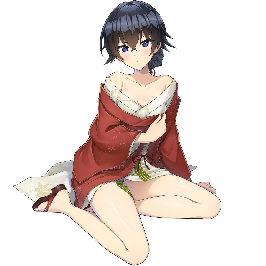 1girl bare_shoulders bath_yukata black_hair blue_eyes blush breasts cleavage dolphin_wave frown game_cg hagane_otsuki hair_bun highres japanese_clothes kimono long_hair looking_at_viewer non-web_source off_shoulder official_alternate_costume official_art ootomo_takuji ryokan sandals sitting small_breasts transparent_background wariza yukata