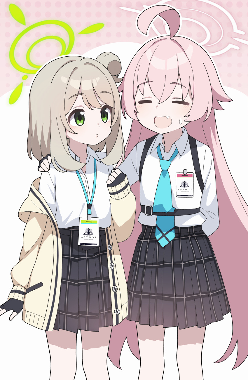 2girls :d absurdres aged_down ahoge black_skirt blue_archive blue_necktie blush cardigan closed_eyes collared_shirt green_eyes green_halo hair_between_eyes halo highres hoshino_(blue_archive) huge_ahoge id_card jacket long_hair long_sleeves multiple_girls necktie nonomi_(blue_archive) open_mouth pink_hair pink_halo pleated_skirt shirt skirt sleeves_past_wrists smile suspenders vector_(dmlddmld00) very_long_hair white_shirt yellow_cardigan