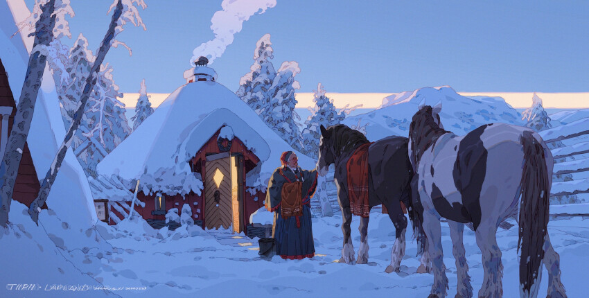 1girl animal animal_focus braid bucket chimney earrings english_text from_behind from_side glasses highres horse hut jewelry light_from_door mountain old old_woman open_door original outdoors pine_tree round_eyewear saddle_blanket scenery smoke snow snow_on_roof snowscape tree xi_zhang