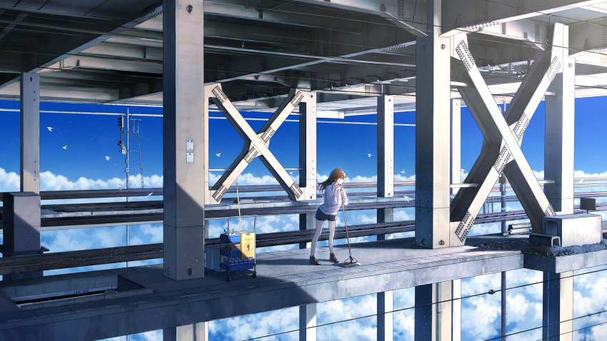 1girl absurdres anyotete bird black_footwear blue_shorts blue_sky bottle broom brown_eyes brown_hair bucket cloud day fantasy highres leaning_on_broom leaning_on_object long_hair long_sleeves original outdoors platform scenery shirt shorts sign sky solo spray_bottle standing steel_beam train_station white_bird white_legwear white_shirt