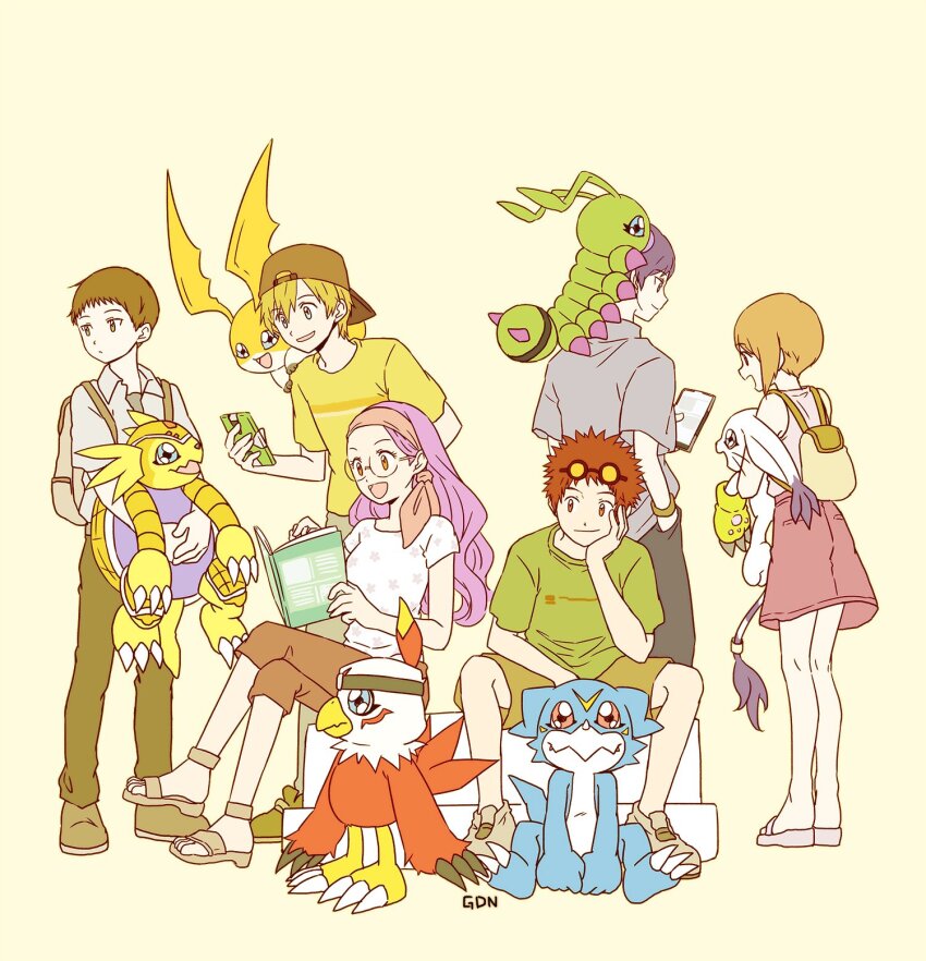 2girls 4boys armadimon bandana baseball_cap black_pants blonde_hair brown_eyes brown_hair brown_hat brown_pants brown_shorts cellphone collared_shirt creature creature_on_shoulder crossed_legs digimon digimon_(creature) digimon_adventure_02 dress_shirt eyewear_on_head gdn0522 glasses green_shirt grey_shirt hat hawkmon hida_iori highres ichijouji_ken inoue_miyako long_hair motomiya_daisuke multiple_boys multiple_girls on_shoulder pants patamon phone pink_bandana pink_skirt print_shirt purple_hair rimless_eyewear shirt short_hair short_sleeves shorts sitting skirt smartphone spiked_hair standing tailmon takaishi_takeru tinted_eyewear v-mon wing_collar wormmon yagami_hikari yellow-tinted_eyewear yellow_shirt