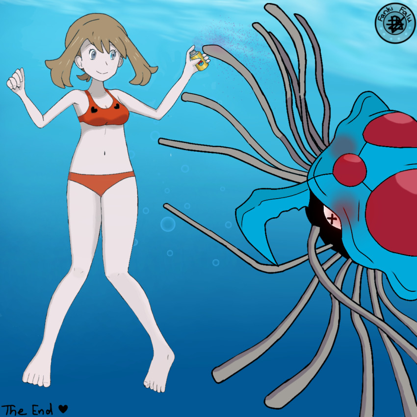 1girl armpits artist_logo barefoot bikini blue_eyes blush breasts brown_hair clenched_hands collarbone comic defeat eyelashes fankifalu feet female_focus fingernails full_body gen_1_pokemon good_end hands_up happy highres holding knees knees_together_feet_apart legs logo looking_at_another may_(pokemon_oras) medium_hair midriff navel neck nintendo ocean pokemon pokemon_oras ponytail red_bikini short_ponytail sidelocks small_breasts smile swept_bangs swimming swimsuit symbol-shaped_pupils tentacruel thighs toenails toes underwater x-shaped_pupils x_x