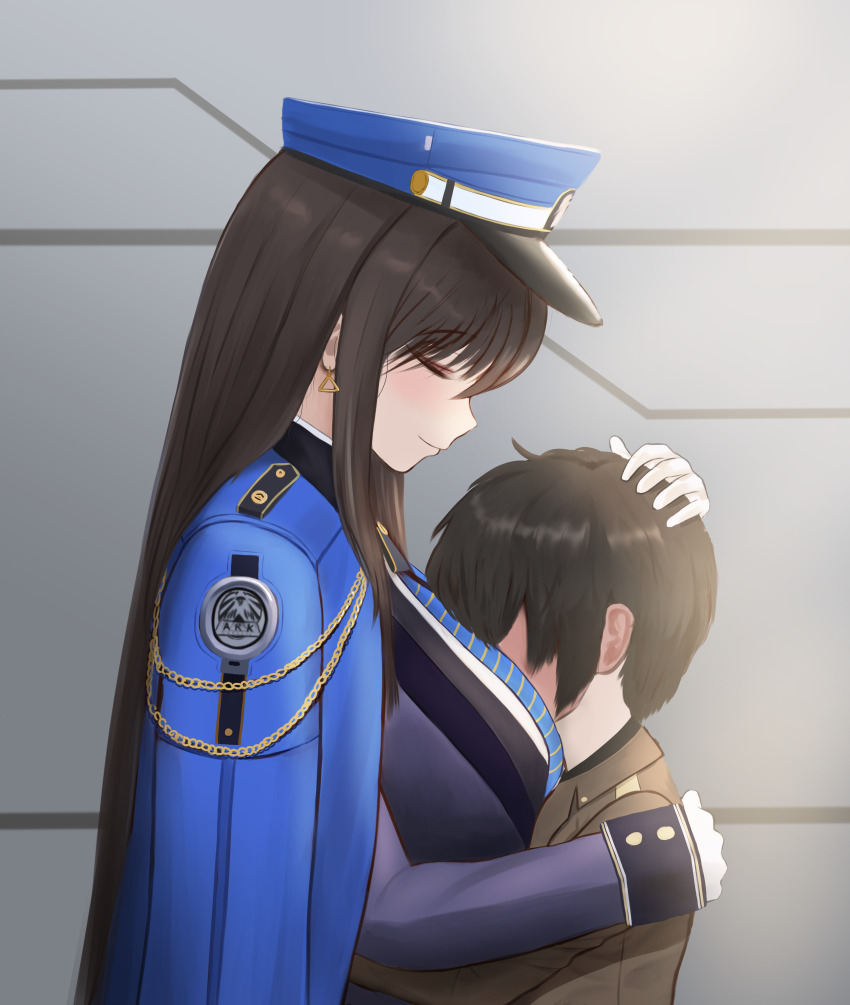 1girl absurdres blue_necktie breasts brown_hair closed_eyes commander_(nikke) diesel_(nikke) gloves goddess_of_victory:_nikke hat highres hug jacket jewelry long_hair military_hat necktie shirt skirt smile user_trhs2447 white_gloves white_shirt