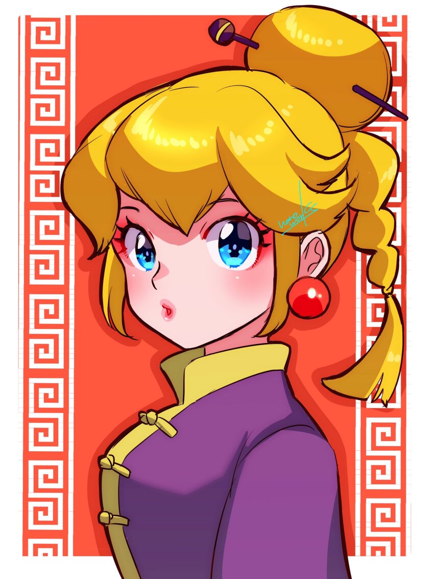 1girl blonde_hair blue_eyes braid braided_ponytail chinese_clothes earrings hair_ornament hair_stick highres jewelry kung_fu_peach looking_at_viewer makeup mario_(series) nintendo nonoworks official_alternate_costume official_alternate_hairstyle princess_peach princess_peach:_showtime! sign solo sphere_earrings