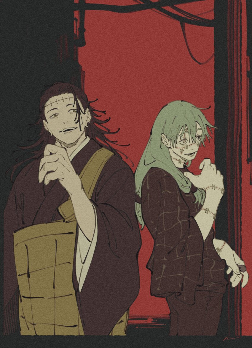 2boys arm_up black_eyes black_hair black_kimono black_pants black_shirt cowboy_shot cursed_spirit_(jujutsu_kaisen) film_grain fingernails getou_suguru getou_suguru_(kenjaku) green_hair hair_between_eyes heterochromia highres japanese_clothes jujutsu_kaisen kimono layered_sleeves long_hair long_sleeves looking_to_the_side lower_teeth_only mahito_(jujutsu_kaisen) male_focus mim_(mimya0600) multiple_boys open_mouth pants sanpaku shirt smile standing stitched_arm stitched_face stitched_forehead stitched_wrist stitches teeth upper_teeth_only wide_sleeves yellow_eyes
