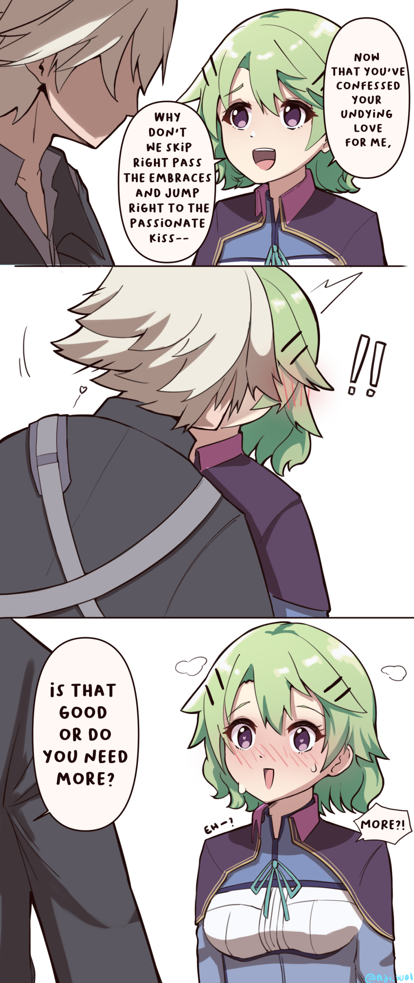 1boy 1girl absurdres black_coat blush breasts coat comic dress eiyuu_densetsu english_text falcom green_hair hair_ornament hairclip happy heart heart_in_eye highres kiseki musse_egret no no_eyes purple_dress purple_eyes rean_schwarzer ribbon sen sen_no_kiseki_(series) short_hair sweat symbol_in_eye white_hair