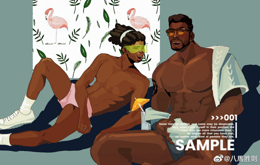 2boys abs bamashengze baptiste_(overwatch) bara bare_pectorals beard black_hair couple dark-skinned_male dark_skin dreadlocks english_text facial_hair feet_out_of_frame flamingo_print goatee grey_male_swimwear happy large_pectorals laughing lucio_(overwatch) male_focus male_swimwear manspreading multiple_boys muscular muscular_male mustache open_clothes open_shirt overwatch pectorals pink_male_swimwear sample_watermark short_hair sideburns sitting stomach sunglasses swim_briefs thick_thighs thighs toned toned_male topless_male watermark yaoi