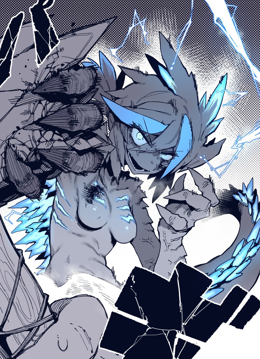 1girl absurdres blood blood_on_breasts blood_on_face breasts claws crossover crushing electricity gloves glowing godzilla godzilla_(series) greyscale halftone highres hiroshima holding kaiju karasu_raven king_kong king_kong_(series) looking_at_viewer medium_breasts monochrome monster monster_girl open_mouth partially_colored personification sharp_teeth short_hair smile solo sound_effects sweatdrop tagme tail teeth toho translation_request veins