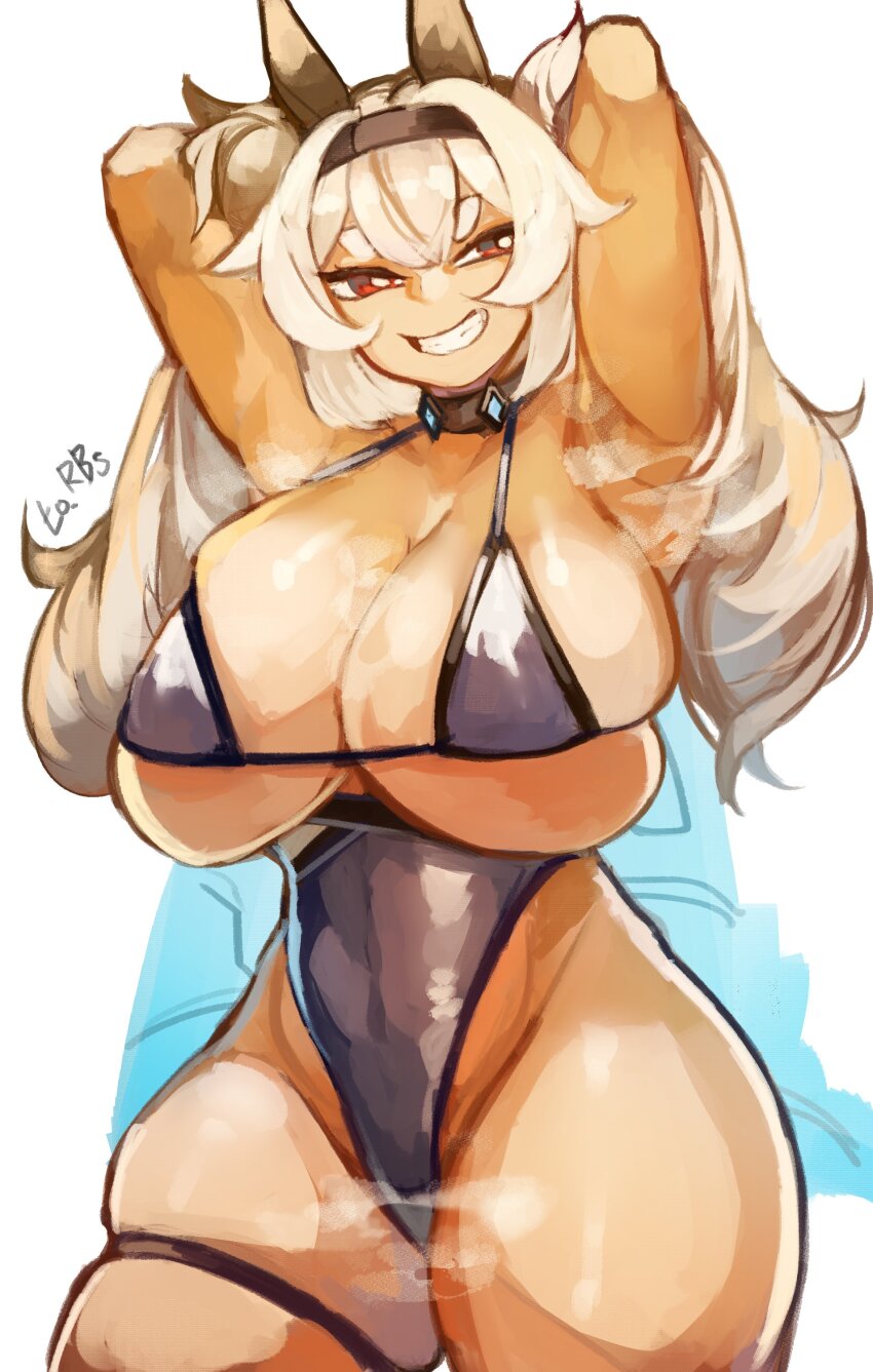 1girl absurdres alvis_(last_origin) bikini breasts character_request collar cowboy_shot curvy female_focus grin habetrot_(last_origin) half-closed_eyes highres huge_breasts larribee last_origin leotard micro_bikini red_eyes skindentation smile solo standing swimsuit thick_thighs thighs white_hair wide_hips