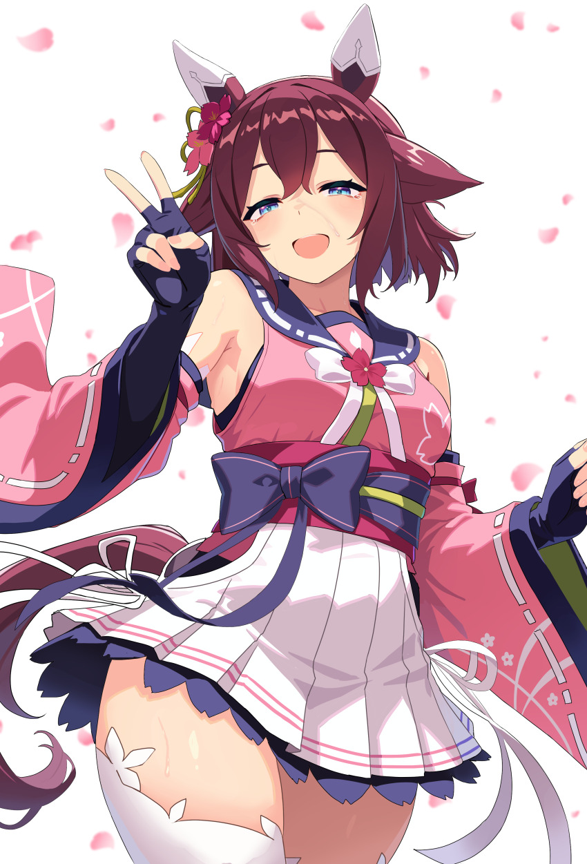1girl :d absurdres animal_ears black_gloves blue_eyes brown_hair commentary_request detached_sleeves ear_covers fingerless_gloves gloves highres horse_ears horse_tail looking_at_viewer open_mouth petals pink_sleeves reibun_(raven1119) sakura_chiyono_o_(umamusume) short_hair skirt smile solo tail thighhighs thighs umamusume v white_skirt white_thighhighs wide_sleeves zettai_ryouiki