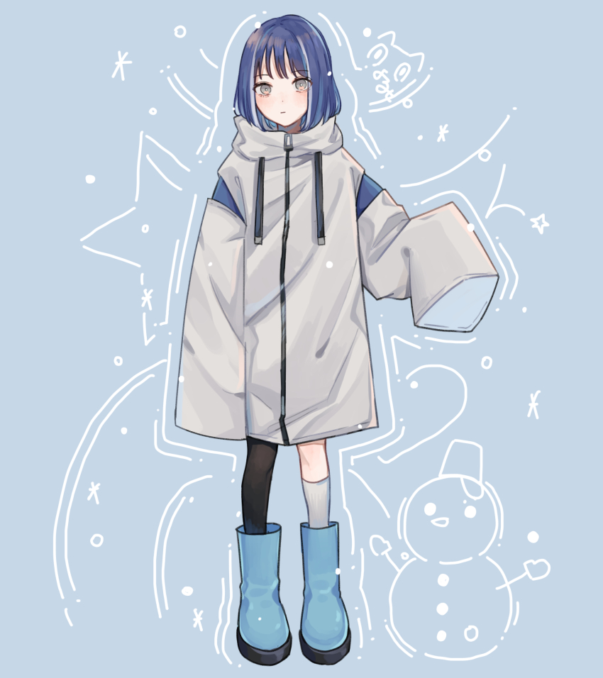 1girl black_thighhighs blue_background blue_boots blue_hair boots commentary_request grey_hair grey_jacket highres jacket long_sleeves looking_at_viewer medium_hair multicolored_hair open_clothes open_jacket original single_sock single_thighhigh sleeves_past_fingers sleeves_past_wrists snowman socks solo star_(symbol) streaked_hair thighhighs white_hair white_socks yoruse