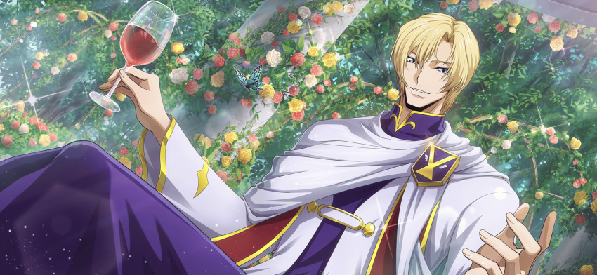 1boy alcohol artist_request blonde_hair blue_eyes bug bush butterfly cloak code_geass code_geass:_lost_stories cup drink drinking_glass dutch_angle flower game_cg garden glint hair_between_eyes half-closed_eyes hands_up highres holding holding_drink holding_drinking_glass insect ivy lens_flare light_particles light_rays long_sleeves looking_at_viewer male_focus non-web_source official_art parted_lips pillar purple_robe red_flower red_rose robe rose schneizel_el_britannia short_hair sidelocks sitting smile solo sparkle teeth tree white_cloak white_flower white_rose wide_sleeves wine wine_glass yellow_flower yellow_rose
