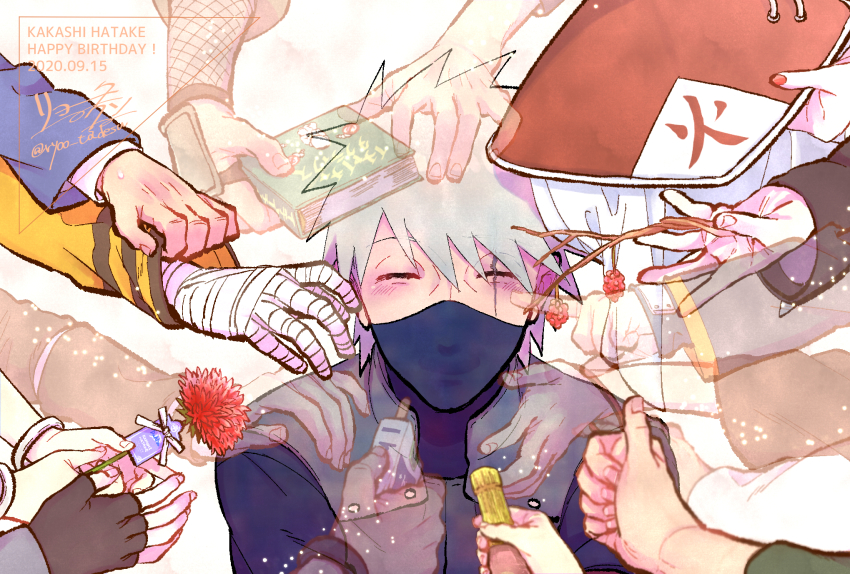 4girls 6+boys ^_^ asukachan_to_ryotakun birthday black_gloves blue_shirt blush book bottle bracelet branch cigarette_pack closed_eyes commentary_request dated fingerless_gloves florakinesis ghost gloves grey_hair grey_vest hand_on_another&#039;s_shoulder hand_wraps happy haruno_sakura hat hatake_kakashi hatake_sakumo headpat highres holding holding_book holding_bottle holding_unworn_clothes holding_unworn_hat jacket jewelry jiraiya_(naruto) long_sleeves mask might_guy mouth_mask multiple_boys multiple_girls nail_polish namikaze_minato naruto_(classic) naruto_(series) naruto_shippuuden nohara_rin orange_jacket out_of_frame reaching red_headwear red_nails sarutobi_asuma sarutobi_hiruzen scar scar_across_eye scar_on_face shirt signature smile thumbs_up tsunade_(naruto) twitter_username uchiha_obito uchiha_sasuke umino_iruka unworn_hat unworn_headwear uzumaki_naruto vest yamato_(naruto) yuuhi_kurenai