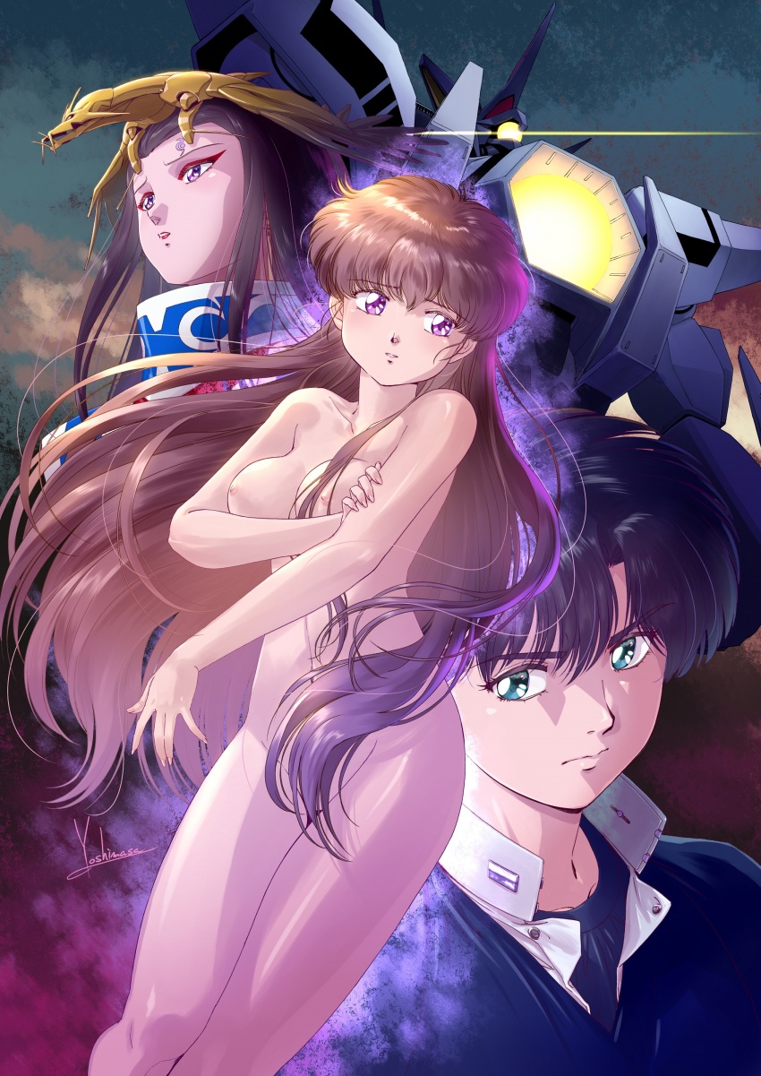 1boy 2girls absurdres akitsu_masato black_hair black_jacket blue_eyes blue_shirt breasts brown_hair cloud cloudy_sky collarbone convenient_censoring glowing glowing_eye hades_project_zeorymer hand_on_own_arm headdress highres himuro_miku jacket long_hair looking_ahead looking_to_the_side mecha medium_breasts multiple_girls nipples nude one-eyed open_hand parted_lips purple_eyes robot shirt sky very_long_hair yellow_eyes yoshinaga_masahiro yuratei zeorymer