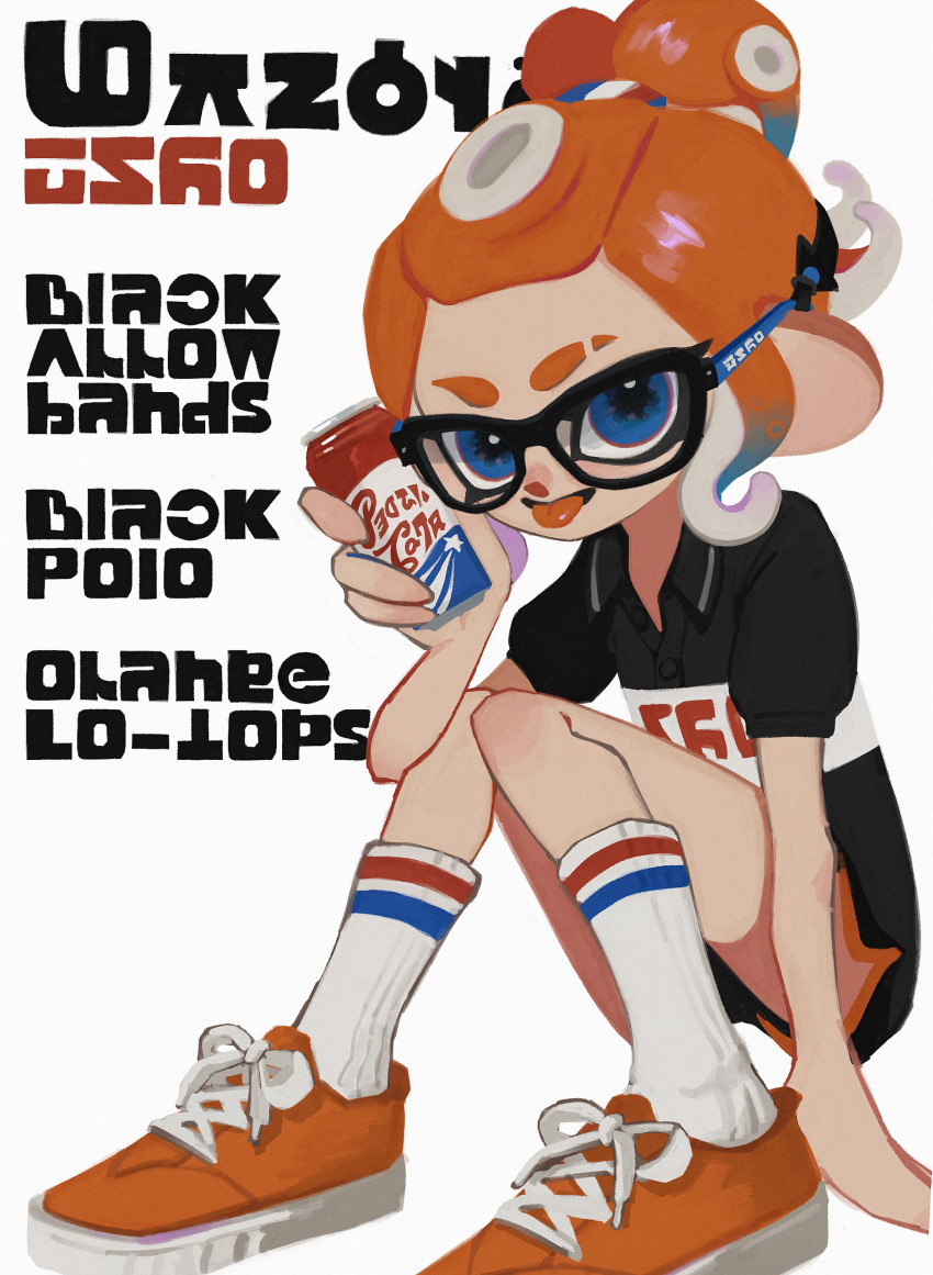 1girl absurdres black-framed_eyewear black_shirt black_shorts blue_eyes blue_hair can collared_shirt colored_tongue commentary_request dolphin_shorts dress_shirt drink_can eyebrow_cut full_body glasses gradient_hair hair_ornament hair_scrunchie highres holding holding_can inkling_(language) ka1_(k4k37) looking_at_viewer multicolored_hair multicolored_scrunchie nintendo octoling octoling_girl octoling_player_character orange_hair orange_shoes orange_tongue orange_trim ponytail scrunchie shirt shoes short_hair short_sleeves shorts sidelocks simple_background sneakers socks solo splatoon_(series) splatoon_3 striped_clothes striped_socks suction_cups tentacle_hair tongue tongue_out two-tone_hair white_background white_socks