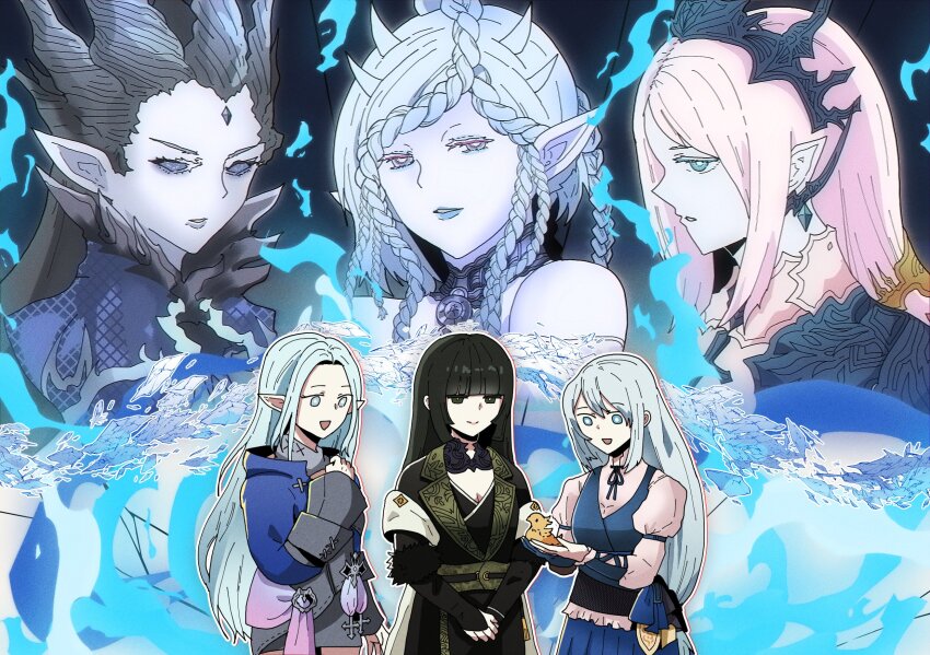 3girls animal baby_animal bird black_hair chick chocobo dual_persona elezen elf final_fantasy final_fantasy_xiv final_fantasy_xv final_fantasy_xvi forehead_jewel gentiana grey_hair highres holding holding_animal holding_bird horns in-franchise_crossover jill_warrick long_hair multiple_girls pale_skin pointy_ears power_connection ry_mangdung shiva_(final_fantasy) tiara trait_connection very_long_hair ysayle_dangoulain