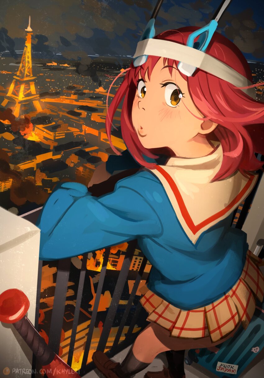 1girl absurdres against_railing arm_rest arson artist_name balcony baseball_bat black_socks blue_serafuku blue_shirt blush brown_eyes brown_shoes brown_skirt building burning burning_building cityscape cloud cloudy_sky commentary eiffel_tower english_commentary explosion fire flcl floating_hair foreshortening from_above from_behind from_side hair_strand hashihime headband highres khyle. kneehighs light_blush lighter lips loafers long_sleeves looking_at_viewer looking_back medium_hair miniskirt night night_sky outdoors paris patreon_username plaid_clothes plaid_skirt pleated_skirt railing red_hair rolling_suitcase sailor_collar samejima_mamimi school_uniform serafuku shirt shoes short_hair skirt sky smoke socks solo standing sticker stove_lighter suitcase ushi_no_koku_mairi watermark web_address white_headband white_sailor_collar wind