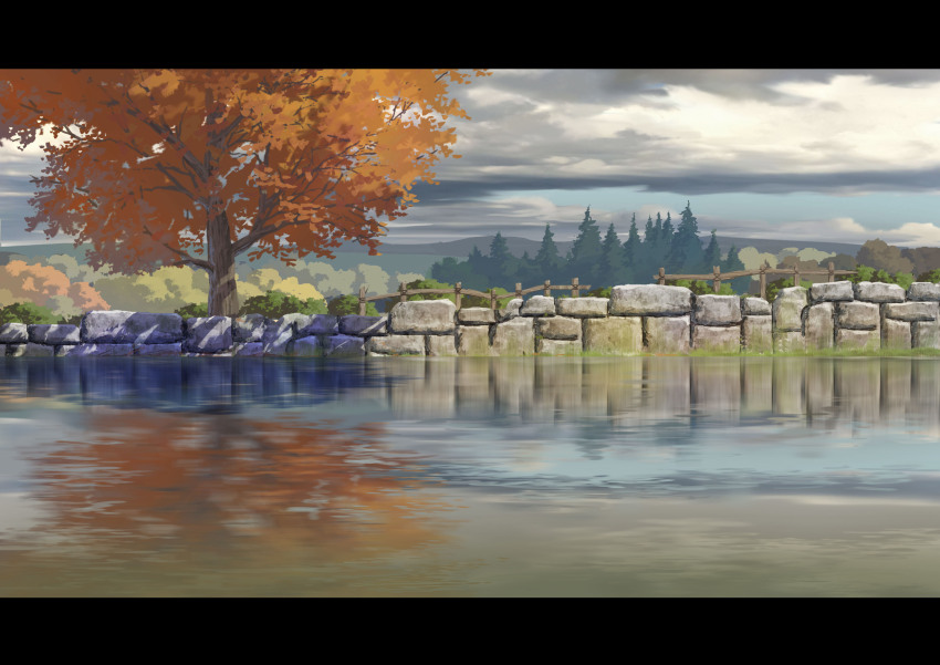 absurdres blue_sky bush cloud cloudy_sky day fence forest highres landscape letterboxed mountainous_horizon nature no_humans original outdoors reflection reflective_water river scenery sky stone_wall sumassha_t_t tree wall wooden_fence