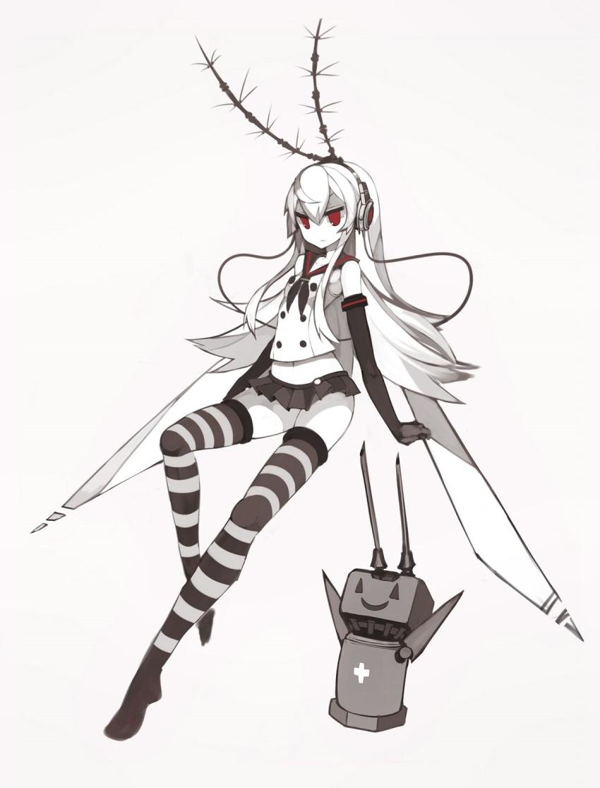 1girl alternate_eye_color antennae arthropod_girl bare_shoulders black_gloves black_neckerchief bug closed_mouth colored_skin commentary_request dark_persona elbow_gloves full_body gloves grey_background hair_between_eyes harau headphones highres insect insect_wings jitome kantai_collection long_hair long_legs looking_at_viewer microskirt midriff mosquito mosquito_girl navel neckerchief no_shoes pleated_skirt red_eyes red_sailor_collar rensouhou-chan sailor_collar school_uniform serafuku shimakaze_(kancolle) shirt simple_background skirt striped_clothes striped_thighhighs thighhighs white_hair white_shirt white_skin wings