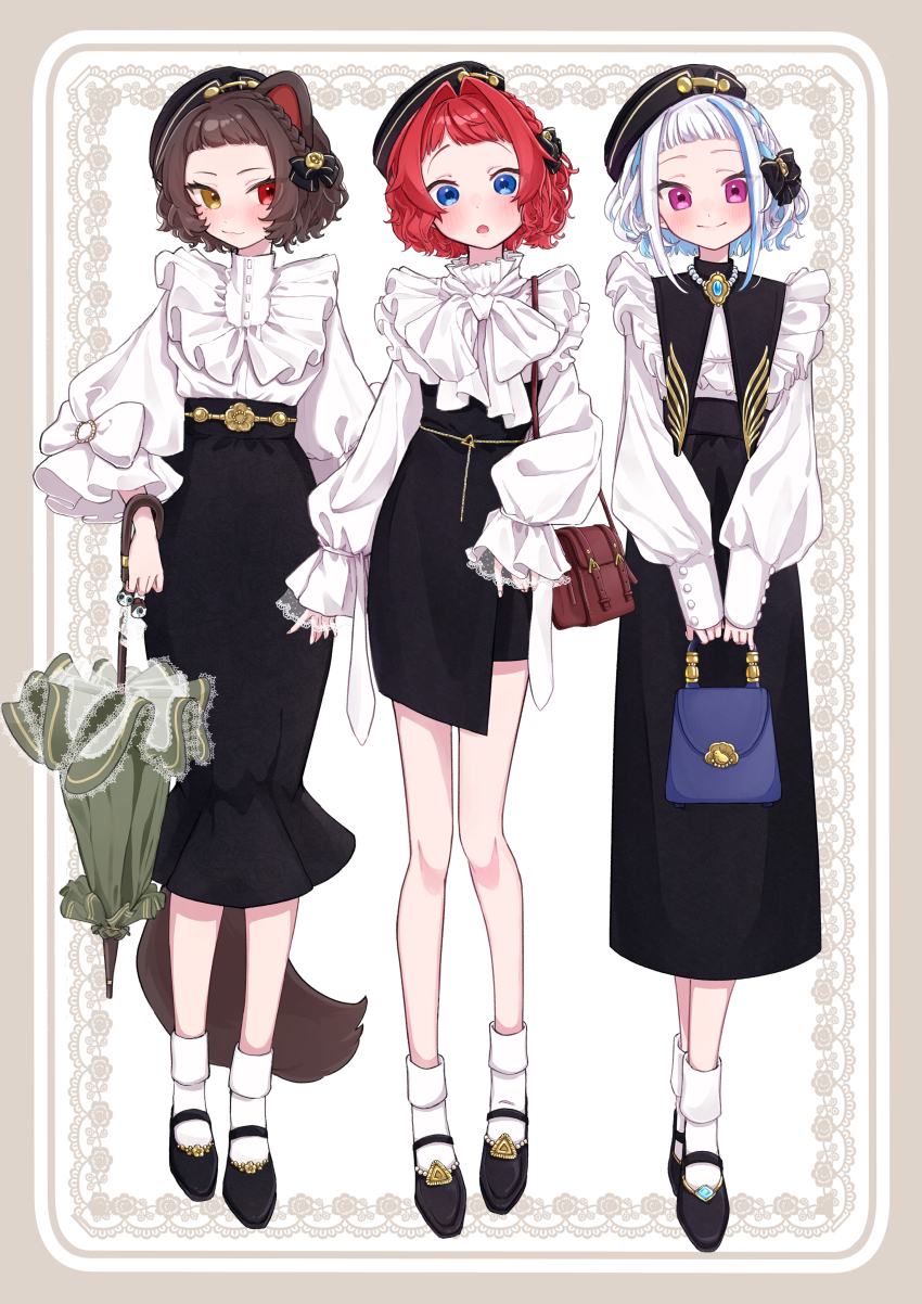 3girls 3znk :o absurdres alternate_costume alternate_hairstyle ange_katrina animal_ears bag banken_(inui_toko) black_bow black_hat black_shoes black_skirt blue_bag blue_eyes blue_hair blush border bow braid brown_bag brown_hair brown_tail closed_mouth closed_umbrella collar colored_inner_hair commentary_request dog_ears dog_girl dog_tail dot_nose floral_print floral_print_skirt fluffy_hair frilled_collar frilled_shirt frilled_sleeves frills full_body green_umbrella grey_border hair_bow hair_intakes handbag hat hat_over_one_ear high-waist_skirt highres inui_toko jewelry lace-trimmed_sleeves lace-trimmed_umbrella lace_trim lips lize_helesta long_skirt long_sleeves looking_at_viewer mary_janes matching_hairstyle matching_outfits medium_skirt miniskirt multicolored_hair multiple_girls necklace nijisanji ornate_border pearl_necklace pencil_skirt print_skirt puffy_long_sleeves puffy_sleeves raised_eyebrows red_eyes red_hair sanbaka_(nijisanji) shirt shoes short_bangs short_hair shoulder_bag side-by-side skirt sleeves_past_wrists smile socks standing straight-on streaked_hair tail two-tone_hair umbrella umbrella_on_arm virtual_youtuber white_background white_bow white_hair white_shirt white_socks yellow_eyes