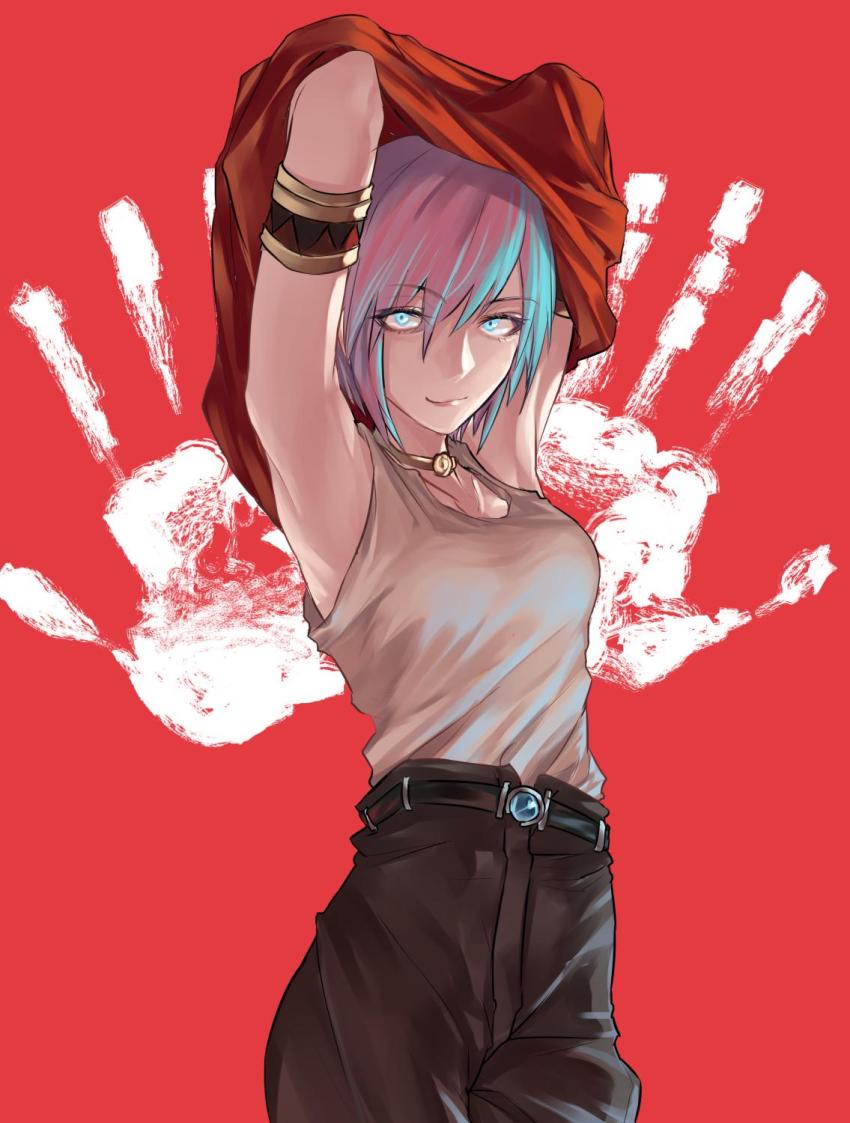 1girl aqua_hair armpits belt blue_eyes breasts choker closed_mouth highres joki_yoh linda_(linda_cube) linda_cube looking_at_viewer short_hair simple_background smile solo