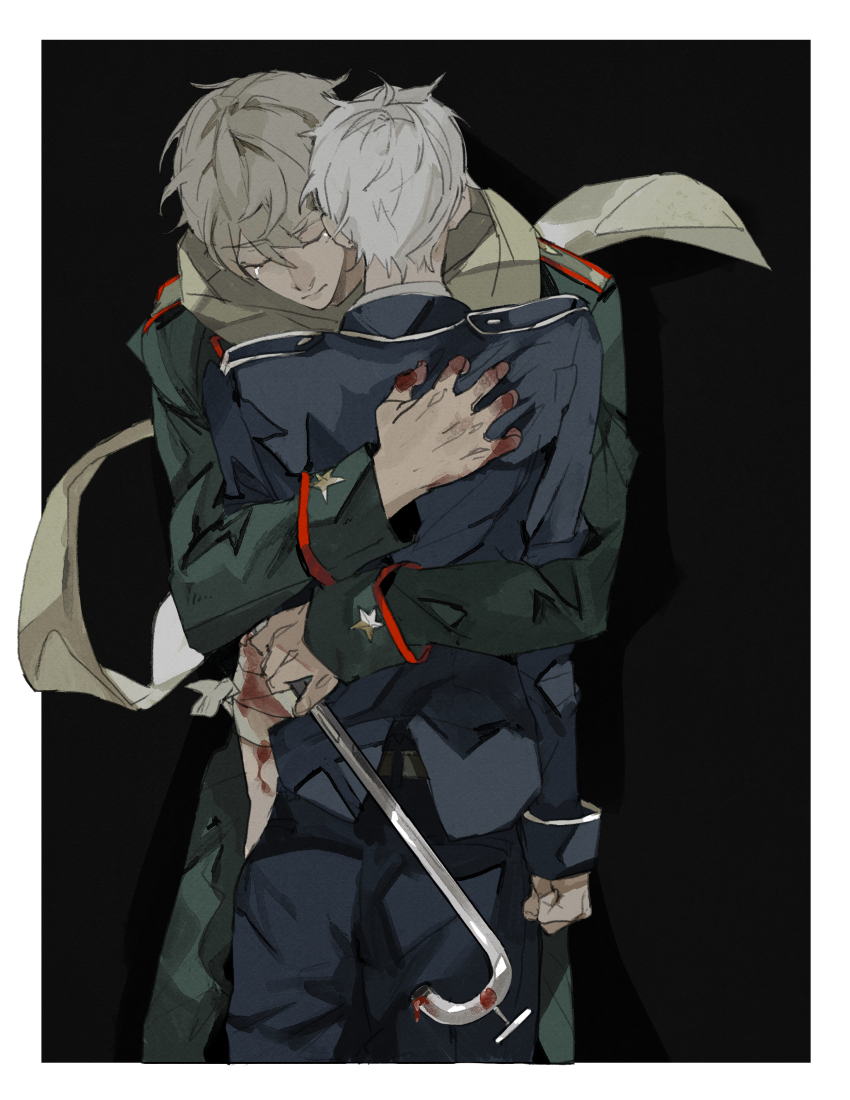 2boys absurdres axis_powers_hetalia back bandaged_arm bandages black_background blood blood_on_hands bloody_bandages blue_jacket blue_pants border clenched_hand closed_eyes closed_mouth commentary_request cowboy_shot crying floating_clothes green_jacket green_pants grey_hair grey_scarf hair_between_eyes highres holding holding_lead_pipe hug jacket kamui_(kurohshiro1) lead_pipe long_sleeves male_focus military_jacket military_uniform multiple_boys pants prussia_(hetalia) russia_(hetalia) scarf short_hair simple_background standing star_ornament white_border