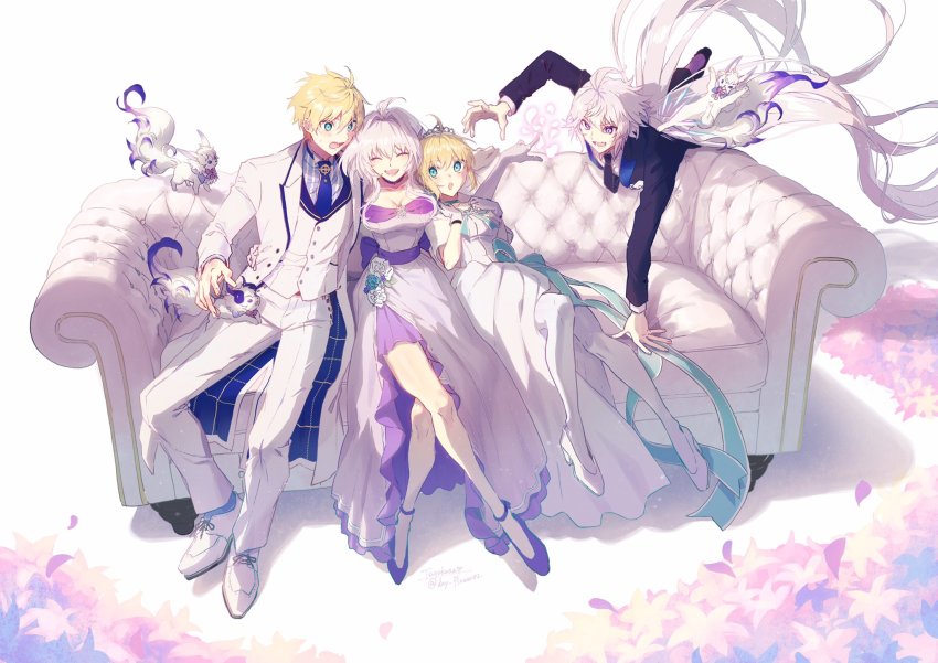 2boys 2girls :d :o arthur_pendragon_(fate) arthur_pendragon_(white_rose)_(fate) artoria_pendragon_(fate) black_neckwear black_suit blue_neckwear blush breasts capelet cleavage closed_eyes collarbone commentary_request couch dress fate/grand_order fate_(series) flower formal_clothes fou_(fate) green_ribbon hair_between_eyes highres large_breasts long_hair merlin_(fate) merlin_(fate/prototype) multiple_boys multiple_girls necktie on_couch open_mouth purple_dress purple_eyes ribbon rose saber_(fate) saber_(formal_dress)_(fate) silver_hair sitting smile suit tiara tsuyukusa_(eeta7273) white_capelet white_dress white_suit