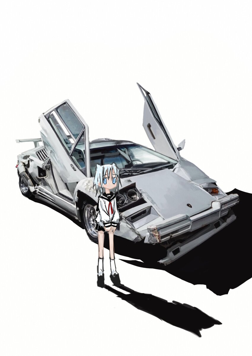 1girl absurdres black_sailor_collar black_shoes black_skirt blue_eyes blue_hair car car_crash damaged grey_car hair_horns highres lamborghini lamborghini_countach light_blue_hair looking_at_viewer medium_hair miniskirt motor_vehicle neck_ribbon null-meta own_hands_together red_ribbon ribbon sailor_collar sailor_shirt school_uniform scissor_doors serafuku shadow shirt shoes simple_background skirt socks solo sports_car standing suibotsu_(wired) takada_shiyuki v_arms vehicle_focus white_background white_shirt white_socks