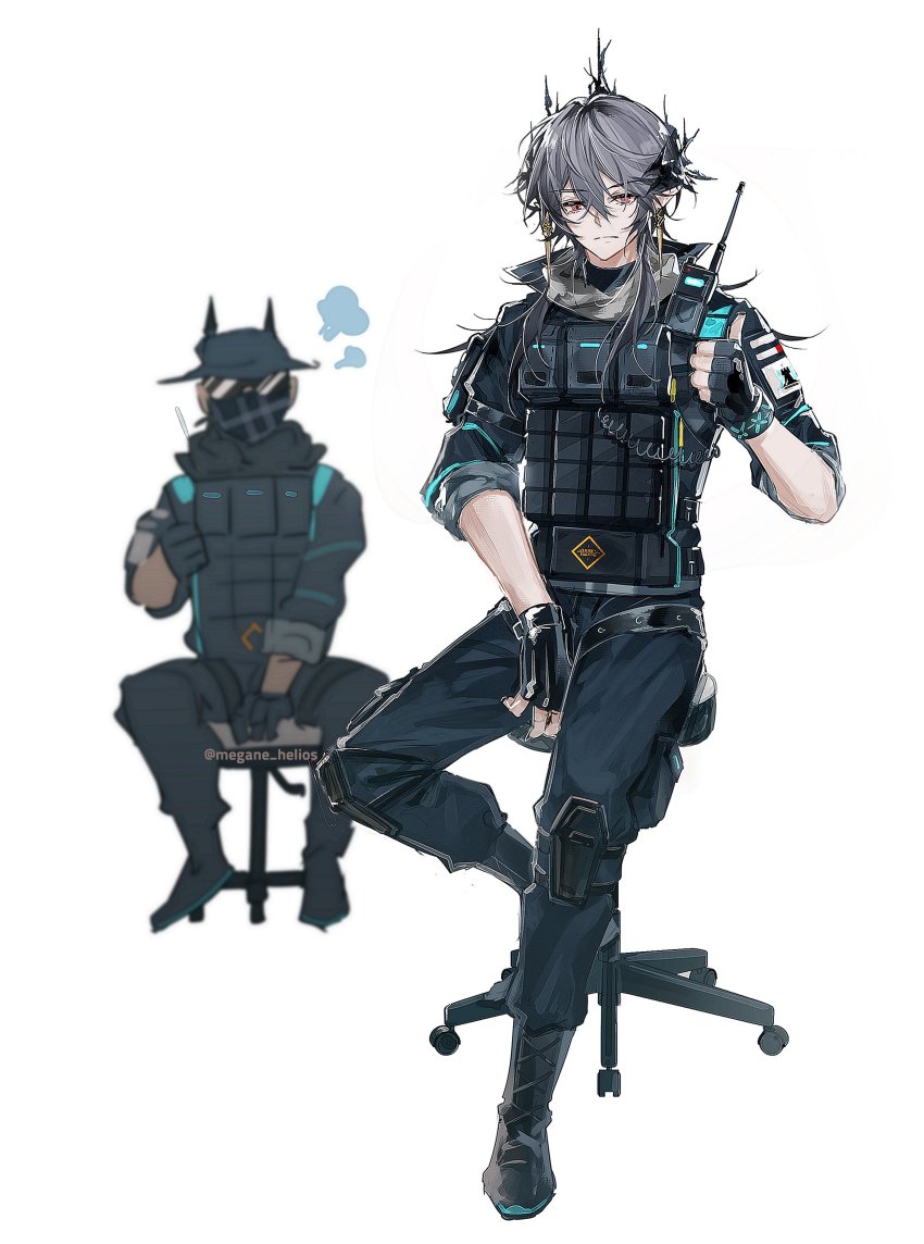 2boys absurdres arknights black_gloves boots fingerless_gloves full_body gloves grey_hair hat highres logos_(arknights) multiple_boys red_eyes scout_(arknights) shidare_(youh4016) short_hair simple_background sitting sunglasses twitter_username vest walkie-talkie white_background