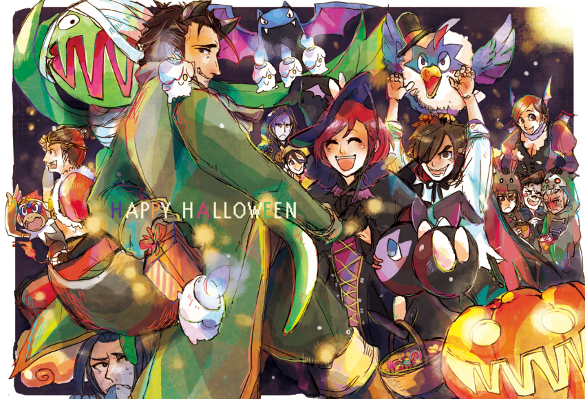 akechi_mitsuhide_(sengoku_musou) animal_ears basket biting biting_clothes blush box braid braided_bangs breasts brown_eyes brown_hair candy carnivine cleavage cosplay date_masamune date_masamune_(sengoku_musou) english_text fake_animal_ears food frown fukushima_masanori gen_1_pokemon gen_4_pokemon gen_5_pokemon gift gift_box golbat gothitelle halloween halloween_costume hat hosokawa_gracia ishida_mitsunari ishida_mitsunari_(sengoku_musou) jack-o&#039;-lantern kato_kiyomasa kuroda_kanbei litwick monferno mummy_costume nene nene_(sengoku_musou) nintendo pokemon pokemon_conquest purple_hair red_hair rufflet saika_magoichi sengoku_musou smile sweatdrop takenaka_hanbei toyotomi_hideyoshi vampire_costume witch_hat yukimoto