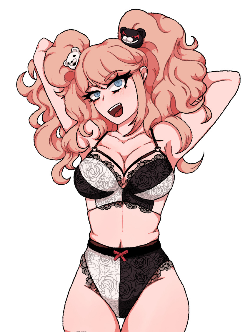 1girl armpits arms_behind_back arms_behind_head arms_up bear_hair_ornament black_bra black_lingerie black_panties blonde_hair blue_eyes bow bra breasts cleavage collarbone danganronpa:_trigger_happy_havoc danganronpa_(series) enoshima_junko eyebrows eyelashes female_focus hair_ornament lingerie multicolored_bra multicolored_panties open_mouth panties princescar red_bow simple_background solo solo_focus standing teeth tongue twintails underwear upper_teeth_only white_background white_bra white_lingere white_panties